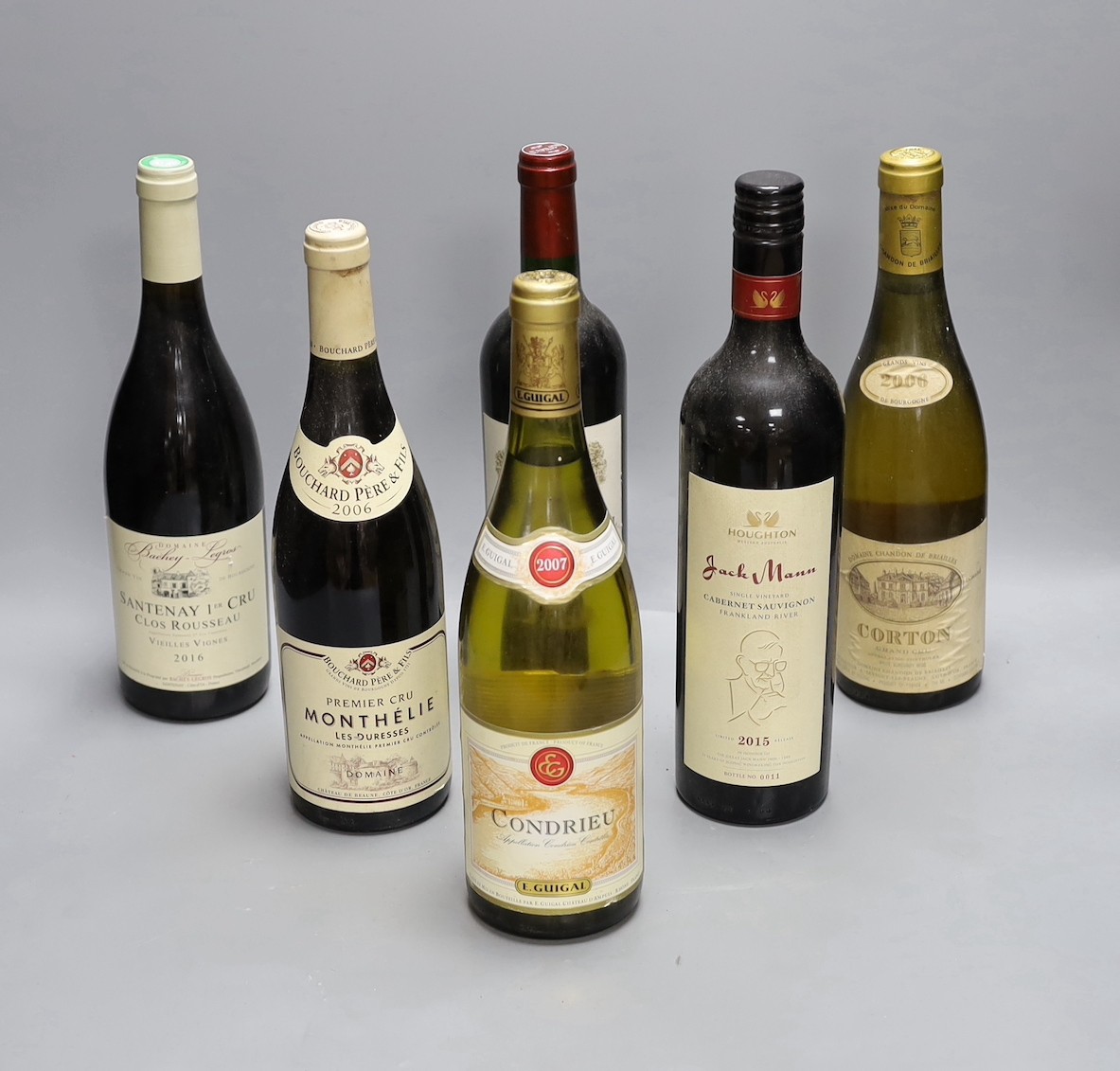 Six bottles of wine to include Bouchard Père & Fils Monthélie 2006, Chateau De Fonbel Saint Emilion Grand Cru 2009, E. Guigal Condrieu 2007, Houghton Jack Mann Cabernet Sauvignon 2015, Corton Grand Cru 2006 and Santenay
